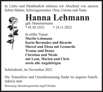 Traueranzeige von Hanna Lehmann (geb. Hammermann)  von Magdeburger Volksstimme