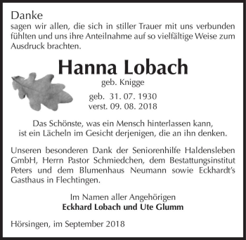 Traueranzeige von Hanna Lobach (geb. Knigge)  von Magdeburger Volksstimme