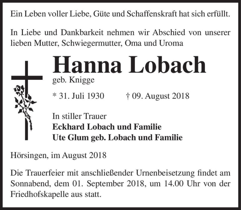  Traueranzeige für Hanna Lobach (geb. Knigge)  vom 16.08.2018 aus Magdeburger Volksstimme