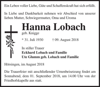 Traueranzeige von Hanna Lobach (geb. Knigge)  von Magdeburger Volksstimme