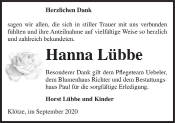 Traueranzeige von Hanna Lübbe  von Magdeburger Volksstimme