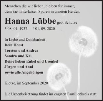 Traueranzeige von Hanna Lübbe (geb. Schulze)  von Magdeburger Volksstimme