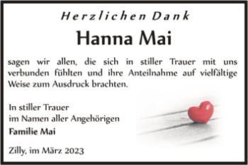 Traueranzeige von Hanna Mai  von Magdeburger Volksstimme