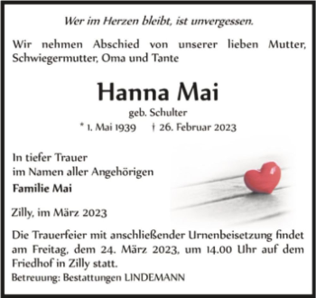 Traueranzeige von Hanna Mai (geb. Schulter)  von Magdeburger Volksstimme