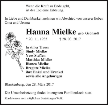 Traueranzeige von Hanna Mielke (geb. Gebhardt)  von Magdeburger Volksstimme