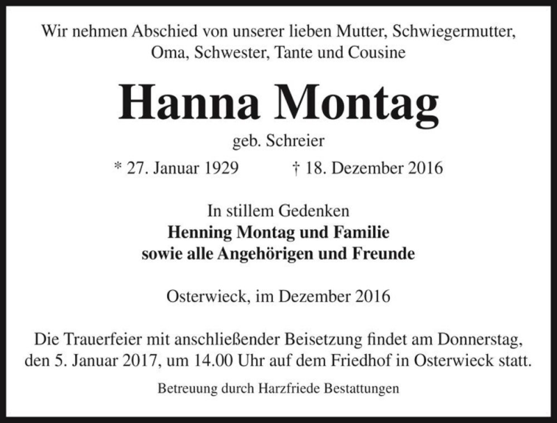  Traueranzeige für Hanna Montag (geb. Schreier)  vom 24.12.2016 aus Magdeburger Volksstimme