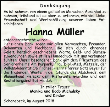 Traueranzeige von Hanna Müller  von Magdeburger Volksstimme