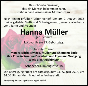 Traueranzeige von Hanna Müller (geb. Schmidt)  von Magdeburger Volksstimme