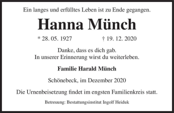 Traueranzeige von Hanna Münch  von Magdeburger Volksstimme