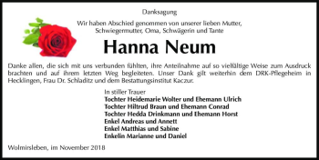 Traueranzeige von Hanna Neum  von Magdeburger Volksstimme