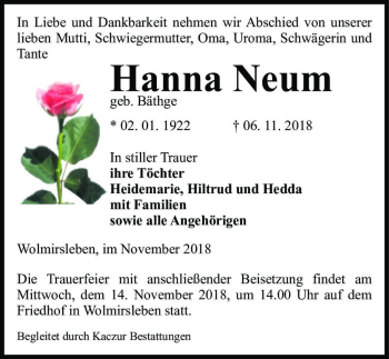 Traueranzeige von Hanna Neum (geb. Bäthge)  von Magdeburger Volksstimme