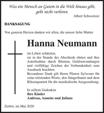 Traueranzeige von Hanna Neumann  von Magdeburger Volksstimme