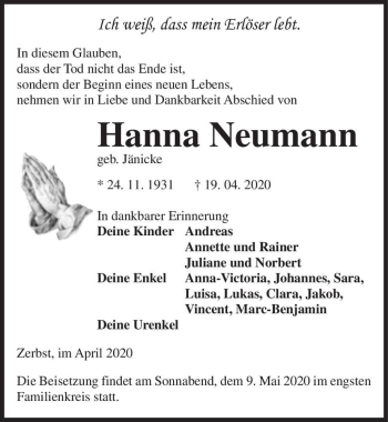 Traueranzeige von Hanna Neumann (geb. Jänicke)  von Magdeburger Volksstimme