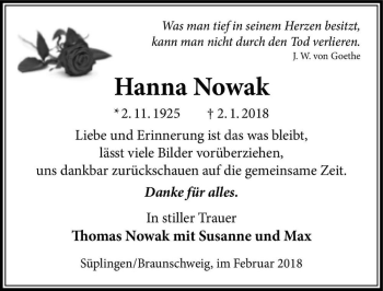 Traueranzeige von Hanna Nowak  von Magdeburger Volksstimme