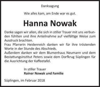 Traueranzeige von Hanna Nowak  von Magdeburger Volksstimme