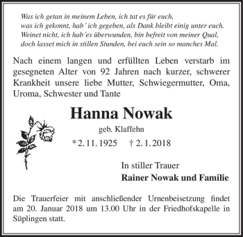 Traueranzeige von Hanna Nowak (geb. Klaffehn)  von Magdeburger Volksstimme