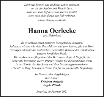 Traueranzeige von Hanna Oerlecke  von Magdeburger Volksstimme