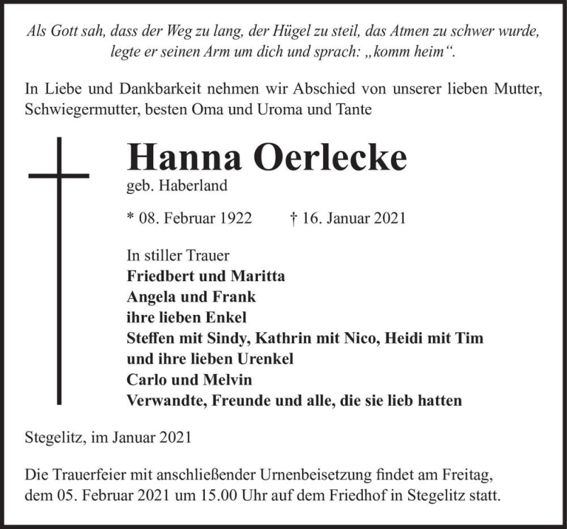  Traueranzeige für Hanna Oerlecke (geb. Haberland)  vom 23.01.2021 aus Magdeburger Volksstimme