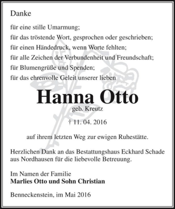 Traueranzeige von Hanna Otto (geb. Kreutz)  von Magdeburger Volksstimme