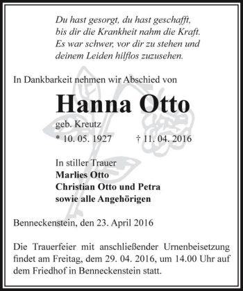 Traueranzeige von Hanna Otto (geb. Kreutz)  von Magdeburger Volksstimme