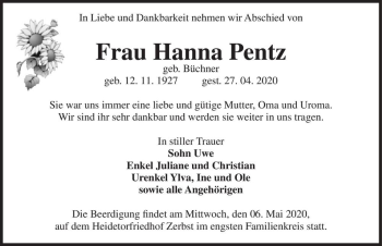 Traueranzeige von Hanna Pentz (geb. Büchner)  von Magdeburger Volksstimme