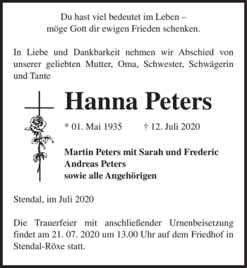 Traueranzeige von Hanna Peters  von Magdeburger Volksstimme