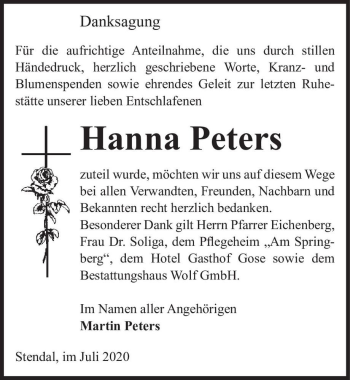 Traueranzeige von Hanna Peters  von Magdeburger Volksstimme