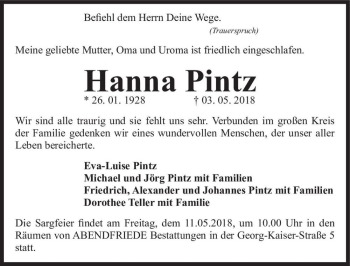 Traueranzeige von Hanna Pintz  von Magdeburger Volksstimme