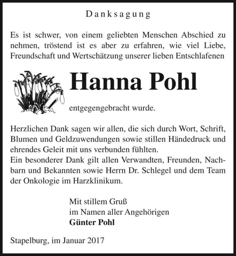  Traueranzeige für Hanna Pohl  vom 07.01.2017 aus Magdeburger Volksstimme