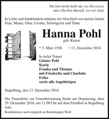 Traueranzeige von Hanna Pohl (geb. Kunze)  von Magdeburger Volksstimme