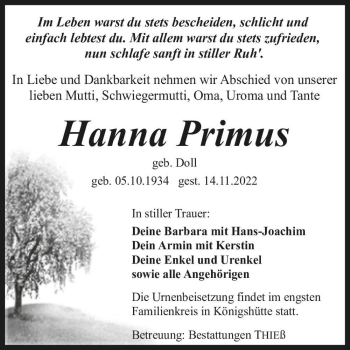 Traueranzeige von Hanna Primus (geb. Doll)  von Magdeburger Volksstimme