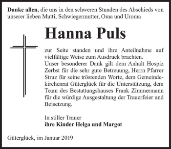 Traueranzeige von Hanna Puls  von Magdeburger Volksstimme