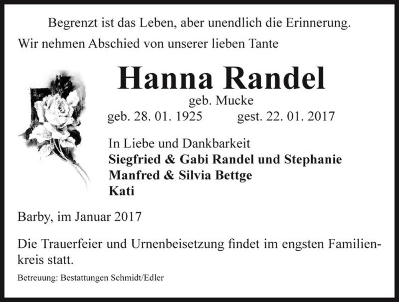  Traueranzeige für Hanna Randel (geb. Mucke)  vom 28.01.2017 aus Magdeburger Volksstimme