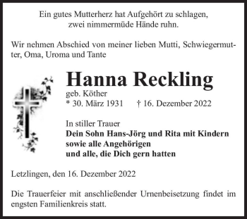Traueranzeige von Hanna Reckling (geb. Köther)  von Magdeburger Volksstimme