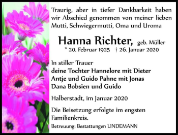 Traueranzeige von Hanna Richter (geb. Müller)  von Magdeburger Volksstimme