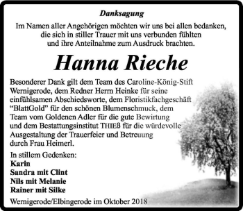 Traueranzeige von Hanna Rieche  von Magdeburger Volksstimme