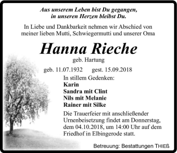 Traueranzeige von Hanna Rieche (geb. Hartung)  von Magdeburger Volksstimme