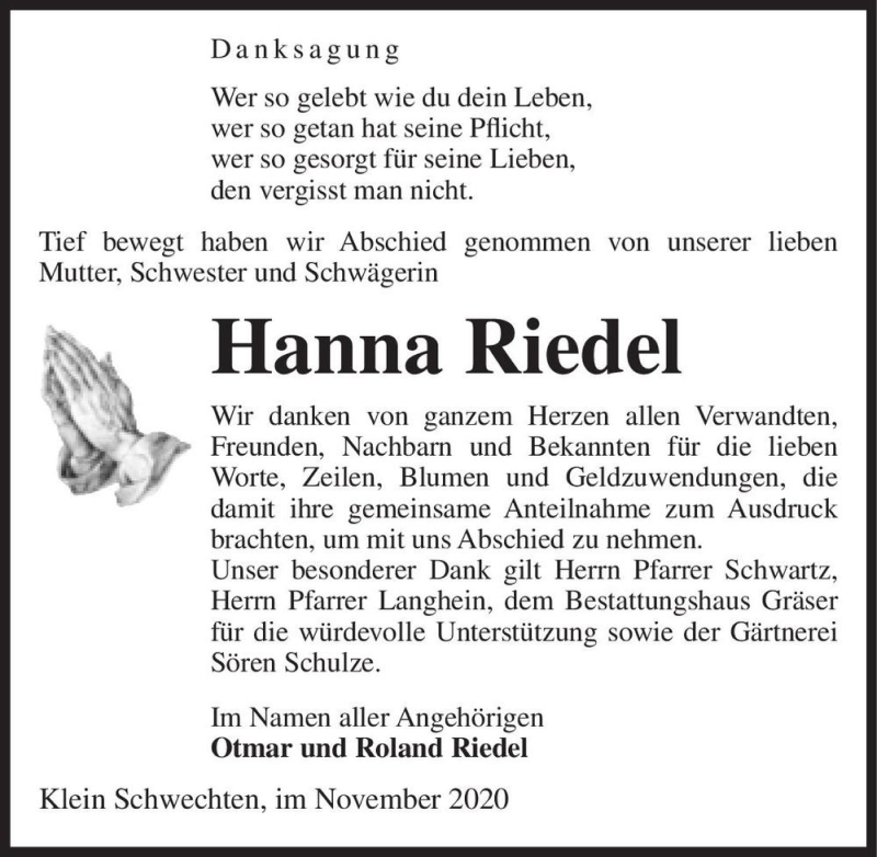 Traueranzeige für Hanna Riedel  vom 28.11.2020 aus Magdeburger Volksstimme