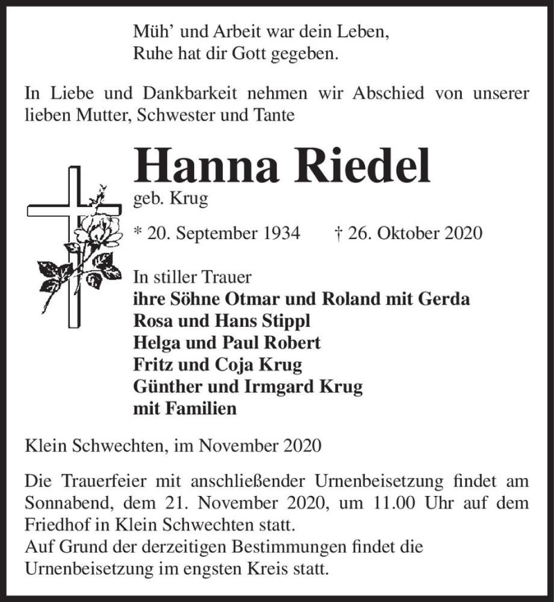  Traueranzeige für Hanna Riedel (geb. Krug)  vom 14.11.2020 aus Magdeburger Volksstimme