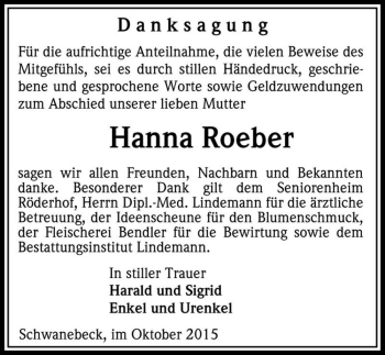Traueranzeige von Hanna Roeber  von Magdeburger Volksstimme