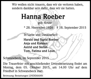Traueranzeige von Hanna Roeber (geb. Kruse)  von Magdeburger Volksstimme