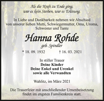 Traueranzeige von Hanna Rohde (geb. Spindler)  von Magdeburger Volksstimme
