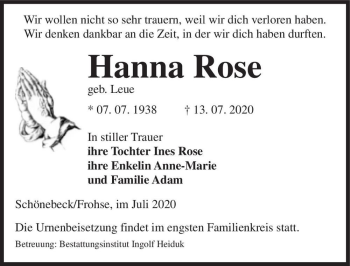 Traueranzeige von Hanna Rose (geb. Leue)  von Magdeburger Volksstimme