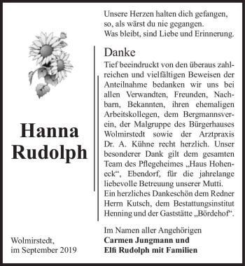 Traueranzeige von Hanna Rudolph  von Magdeburger Volksstimme