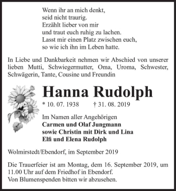 Traueranzeige von Hanna Rudolph  von Magdeburger Volksstimme