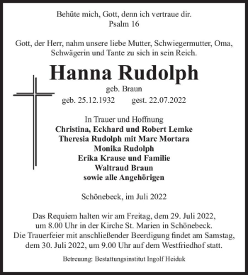 Traueranzeige von Hanna Rudolph (geb. Braun)  von Magdeburger Volksstimme