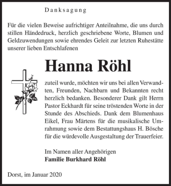 Traueranzeige von Hanna Röhl  von Magdeburger Volksstimme