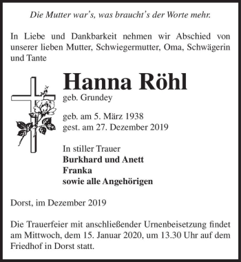 Traueranzeige von Hanna Röhl (geb. Grundey)  von Magdeburger Volksstimme