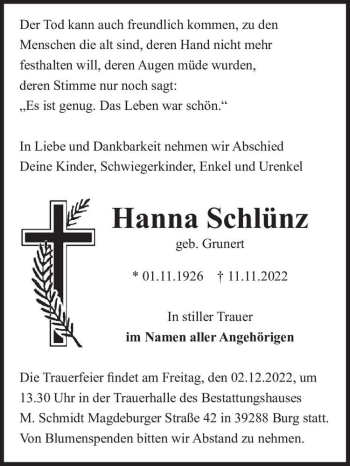 Traueranzeige von Hanna Schlünz (geb. Grunert)  von Magdeburger Volksstimme