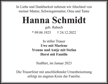 Traueranzeige von Hanna Schmidt (geb. Rabach)  von Magdeburger Volksstimme
